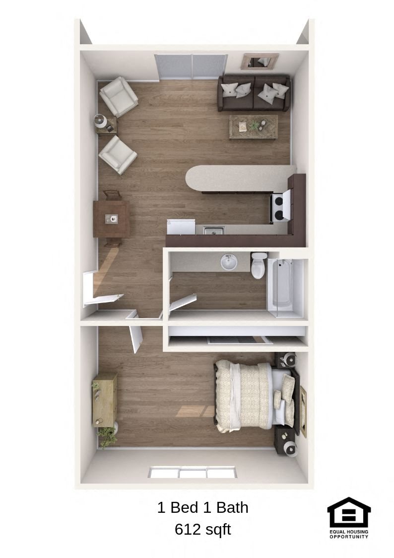 The Groove Vancouver, Washington One Bedroom One Bath 3D Floor Plan The Groove Vancouver, Washington One Bedroom One Bath 3D Floor Plan